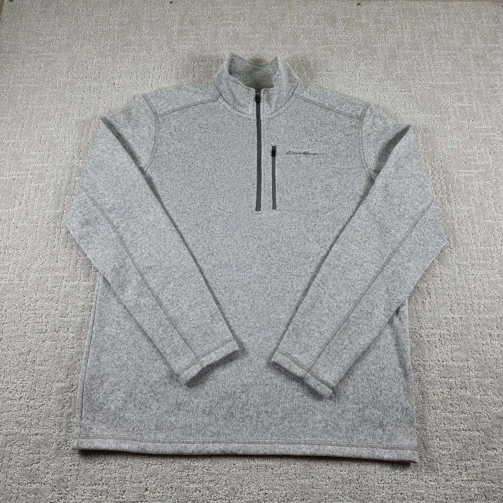 Eddie Bauer Mens Large Gray Heathered Quarter Zip Fleece Pullover Sweater Hiking